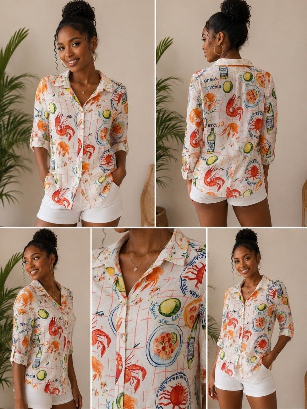 Calypso St. Barth Linen Blend Coastal Seafood Print Button-Up Top Size Small